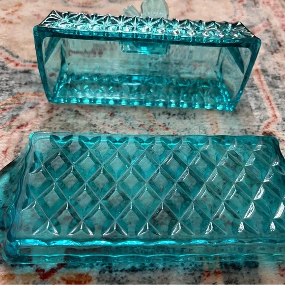 Vintage Teal Butterfly Glass Butter Dish - Picture 8 of 8